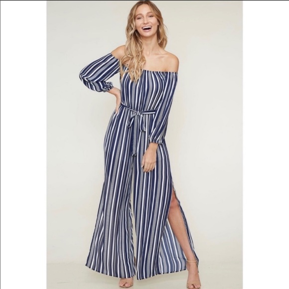💥HP💥Navy&White Striped off the Shoulder Jumpsuit - Picture 3 of 3